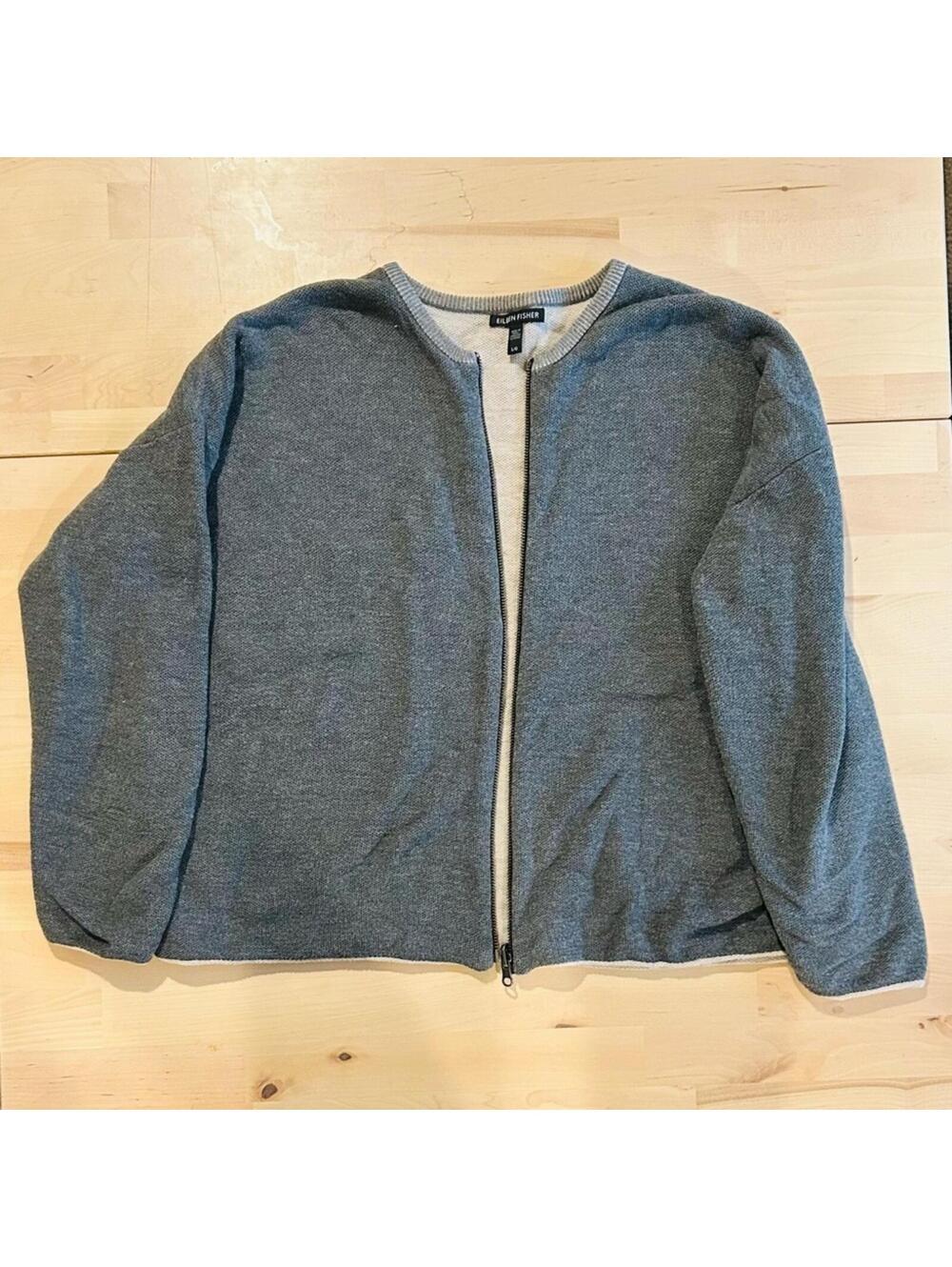 Eileen Fisher Organic Cotton Knit Zip-Up Cardigan - Gray/Oatmeal - Size L